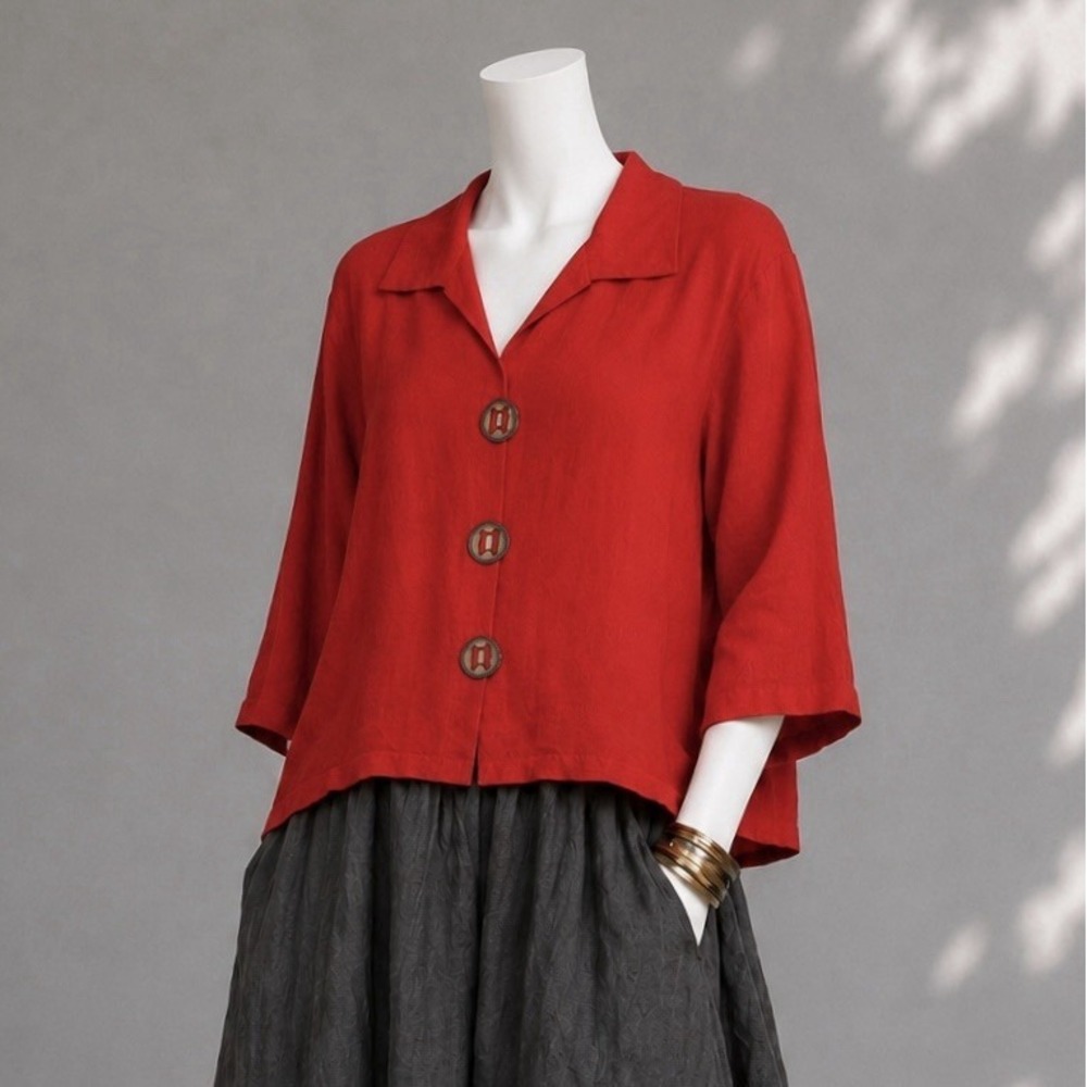 Fridaze Linen Top XL Red Cropped Button Lagenlook   3/4 Sleeve Minimalist Preppy